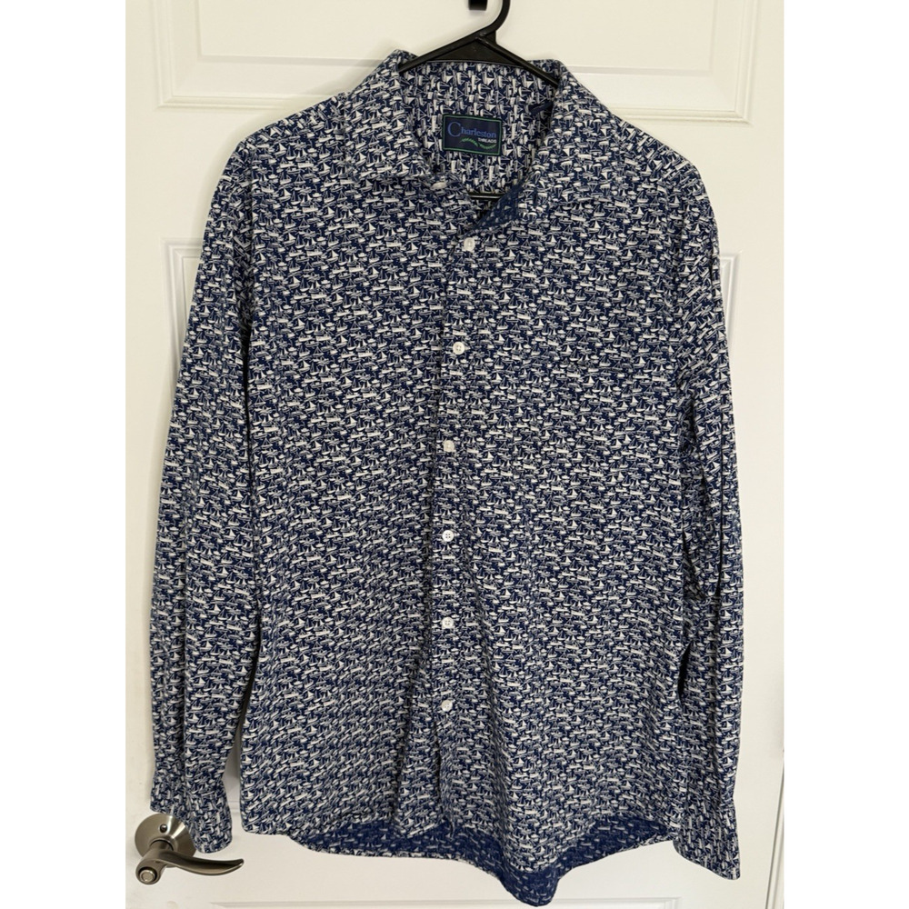 CHARLESTON THREADS Button Down Blue Boat Coastal Nautical Shirt Men's Size XL